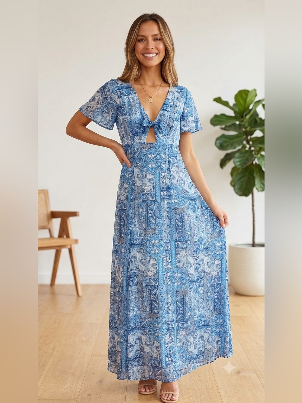 Lulu’s Blue Paisley Cutout Maxi Dress | Flutter Sleeve | Size Medium